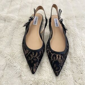 Steve Madden Black & Cream Lace Pointed Toe Slingback Flats Shoes New Size 7.5